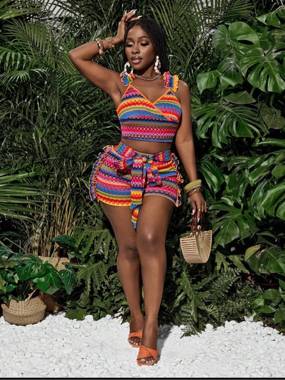 SHEIN Multicolor Ethnic Print 2-Piece Set Ruffle Crop Top & Tie Shorts - Picture 2 of 6